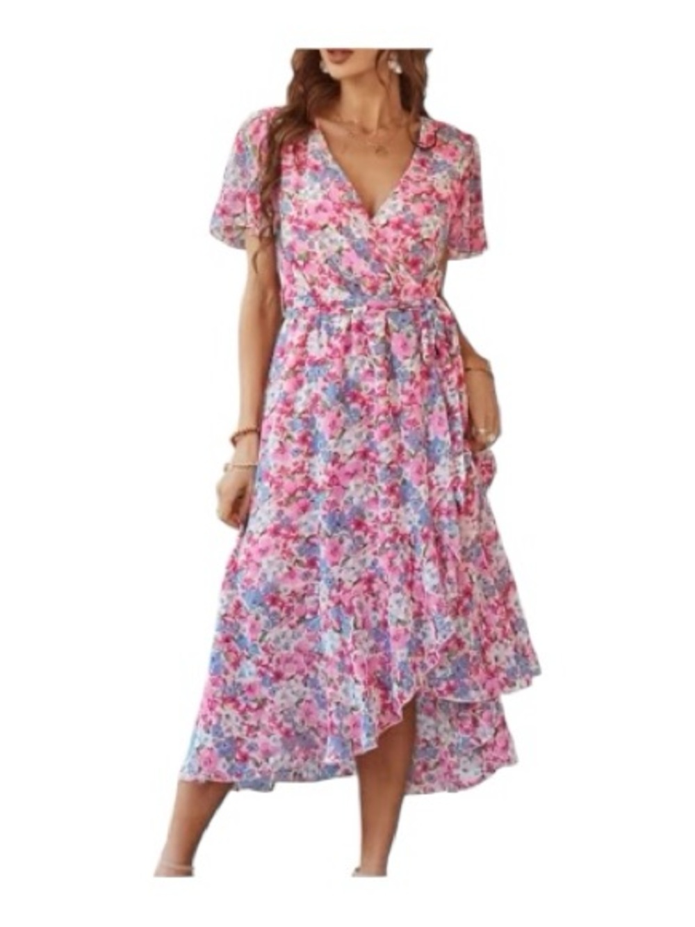PrettyGarden Pink Floral High-Low Wrap Dress with Tie Waist - Picture 1 of 10